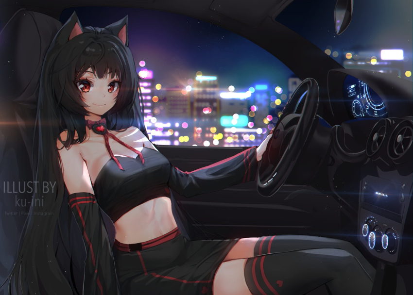 1girl, animal_ears, artist_name, black_hair, black_legwear, black_skirt, black_tube_top, blurry