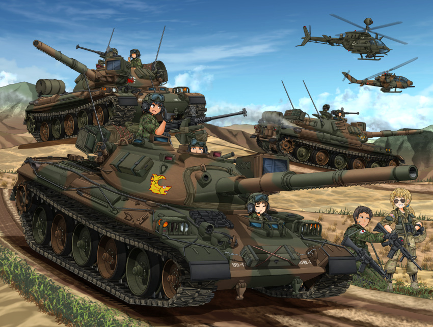 2boys, 2girls, 6+others, ah-1_cobra, aircraft, american_flag, assault_rifle, bangs