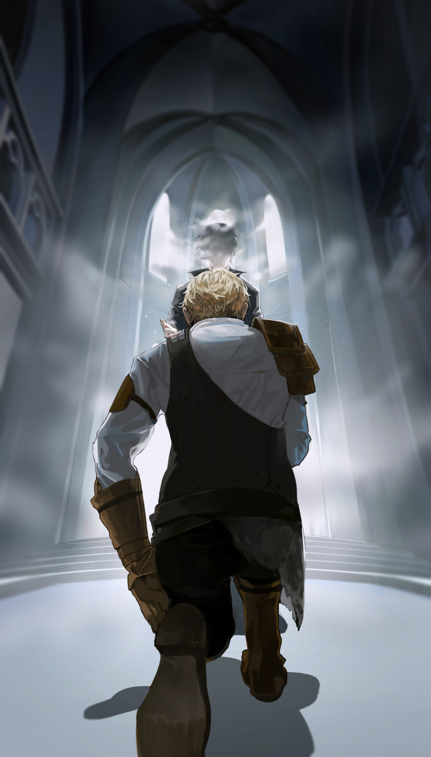 2boys, absurdres, armor, black_hair, blonde_hair, brown_footwear, chinese_commentary, commentary_request