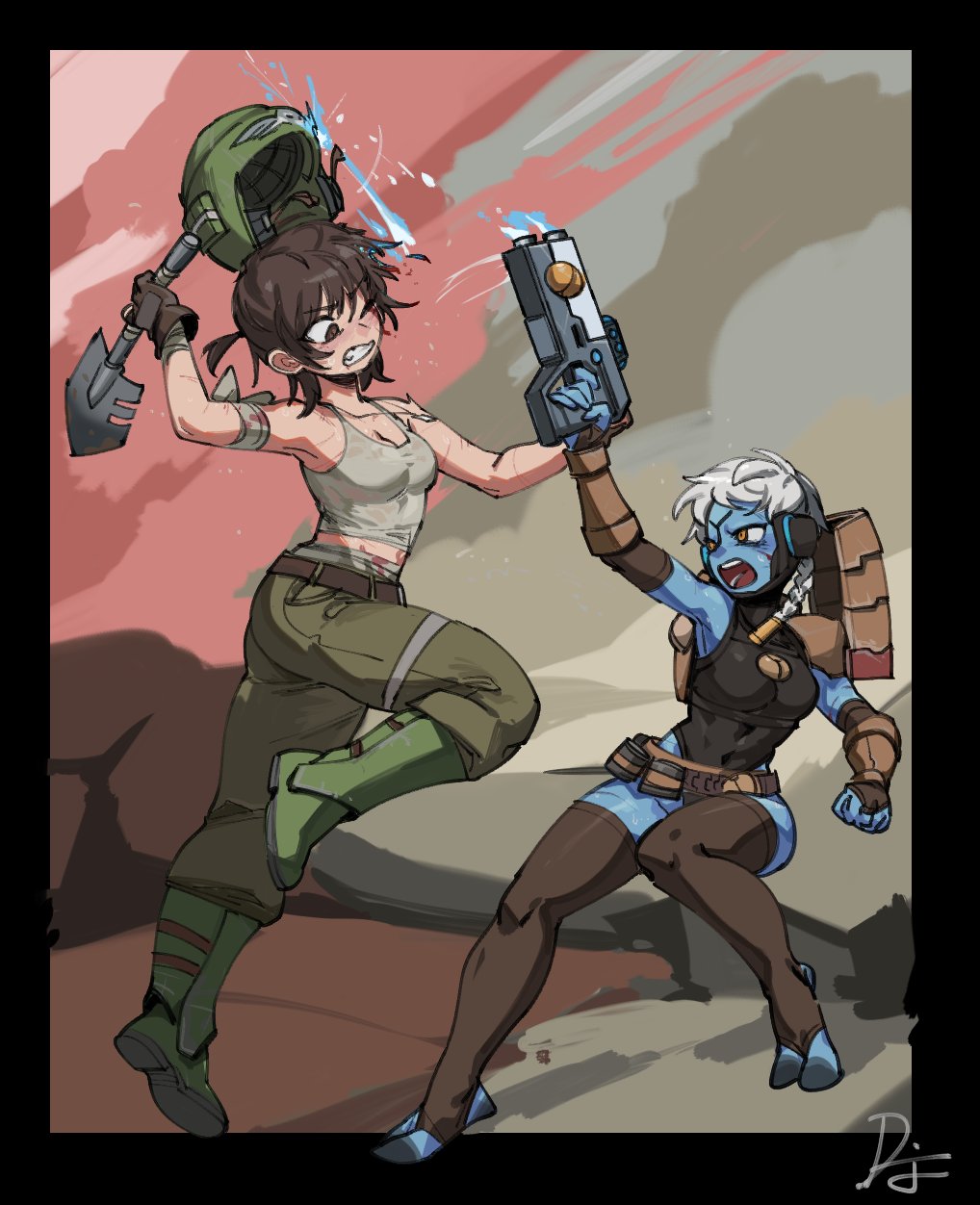 2girls, armor, armpits, bandaged_arm, bandages, black_gloves, black_legwear, blood