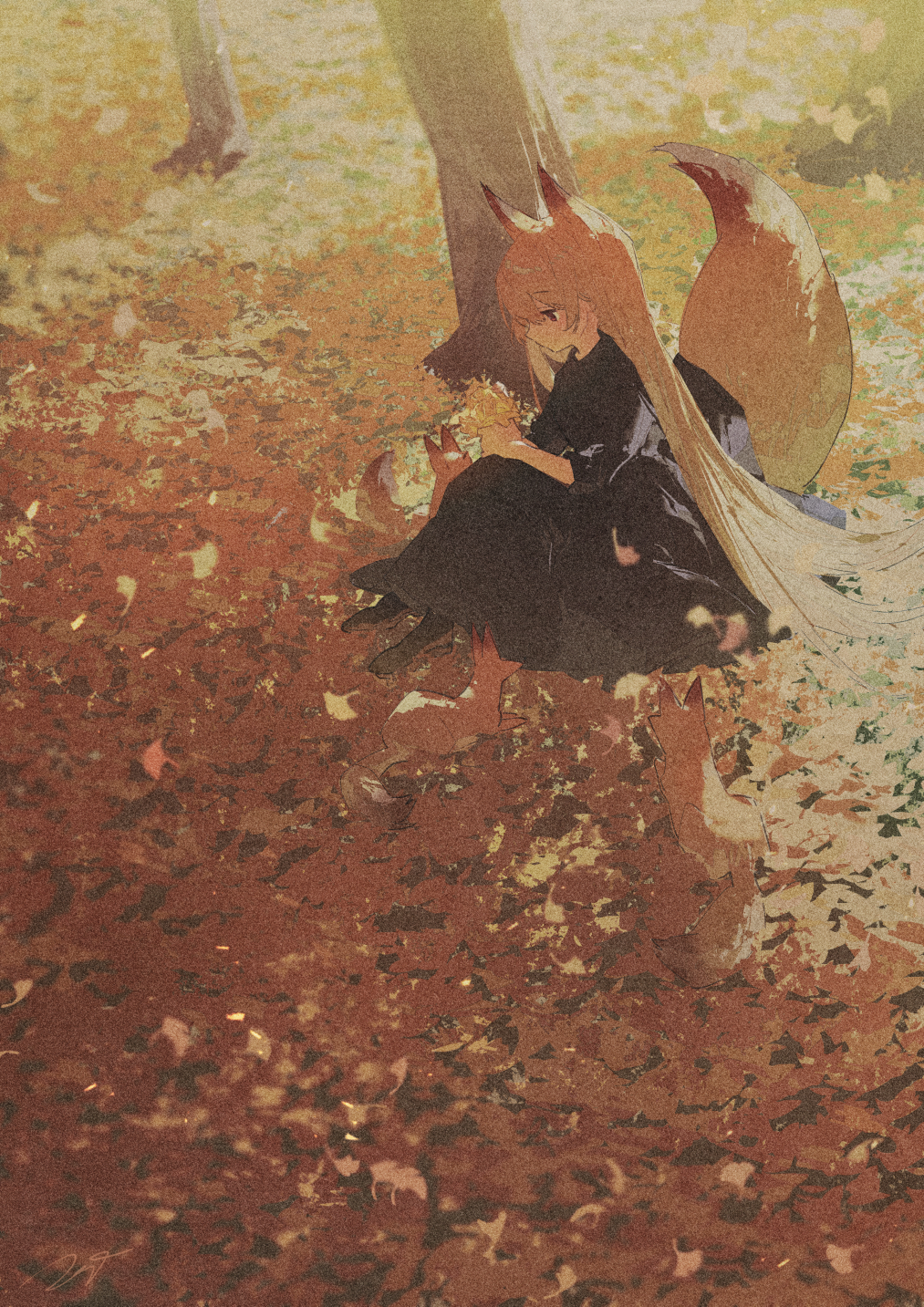 1girl, animal, animal_ears, autumn_leaves, bangs, black_dress, brown_eyes, brown_footwear