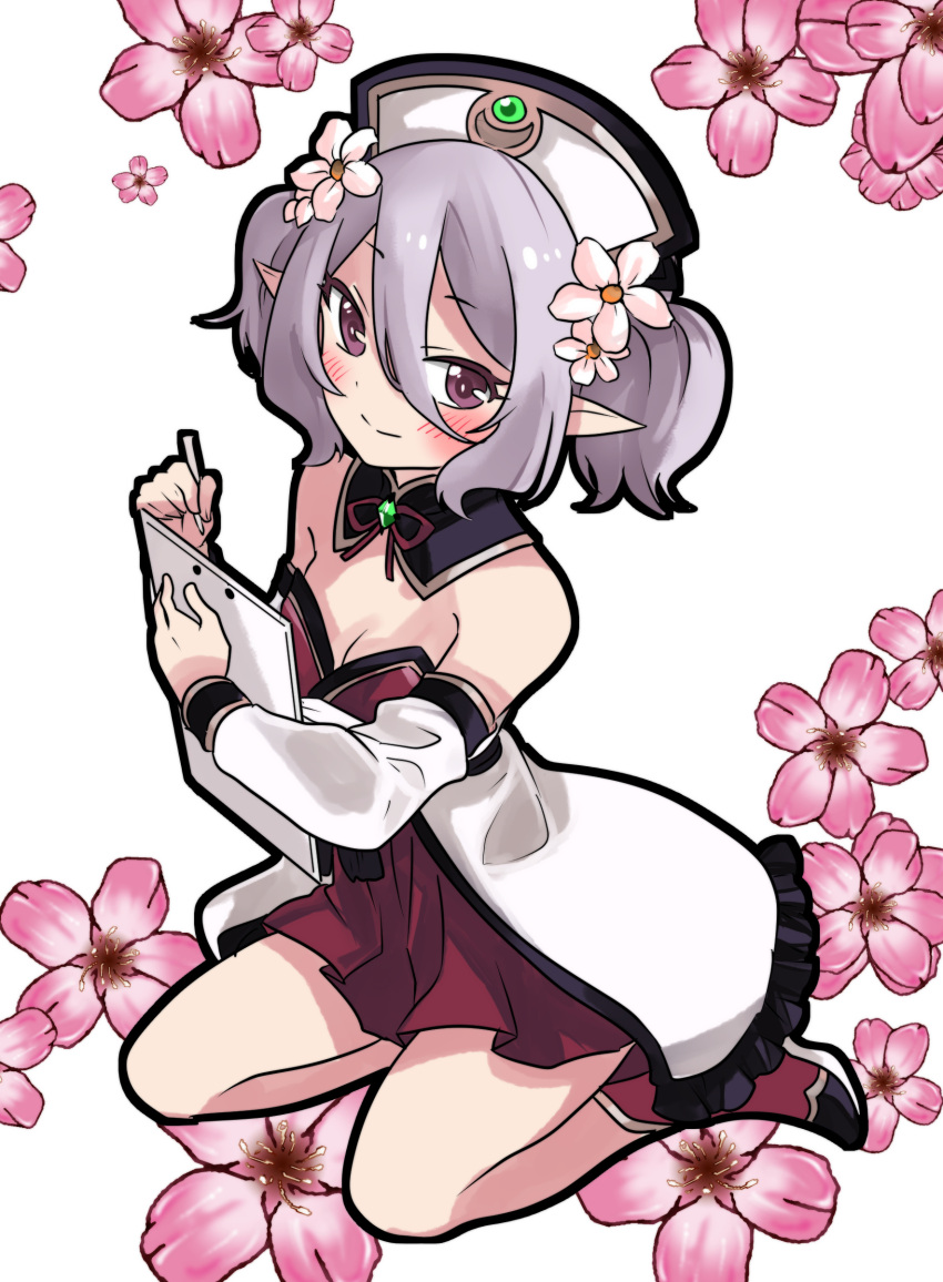 1girl, absurdres, bare_shoulders, blush, breasts, clipboard, detached_sleeves, dress