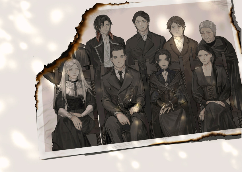 3girls, 6+boys, black_dress, black_hair, black_jacket, black_neckwear, blue_eyes, brown_hair