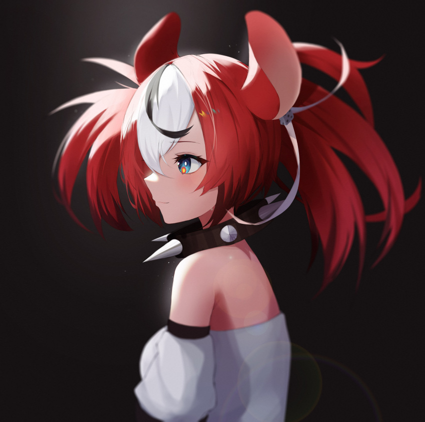 1girl, absurdres, animal_ears, bangs, black_background, black_hair, blue_eyes, collar