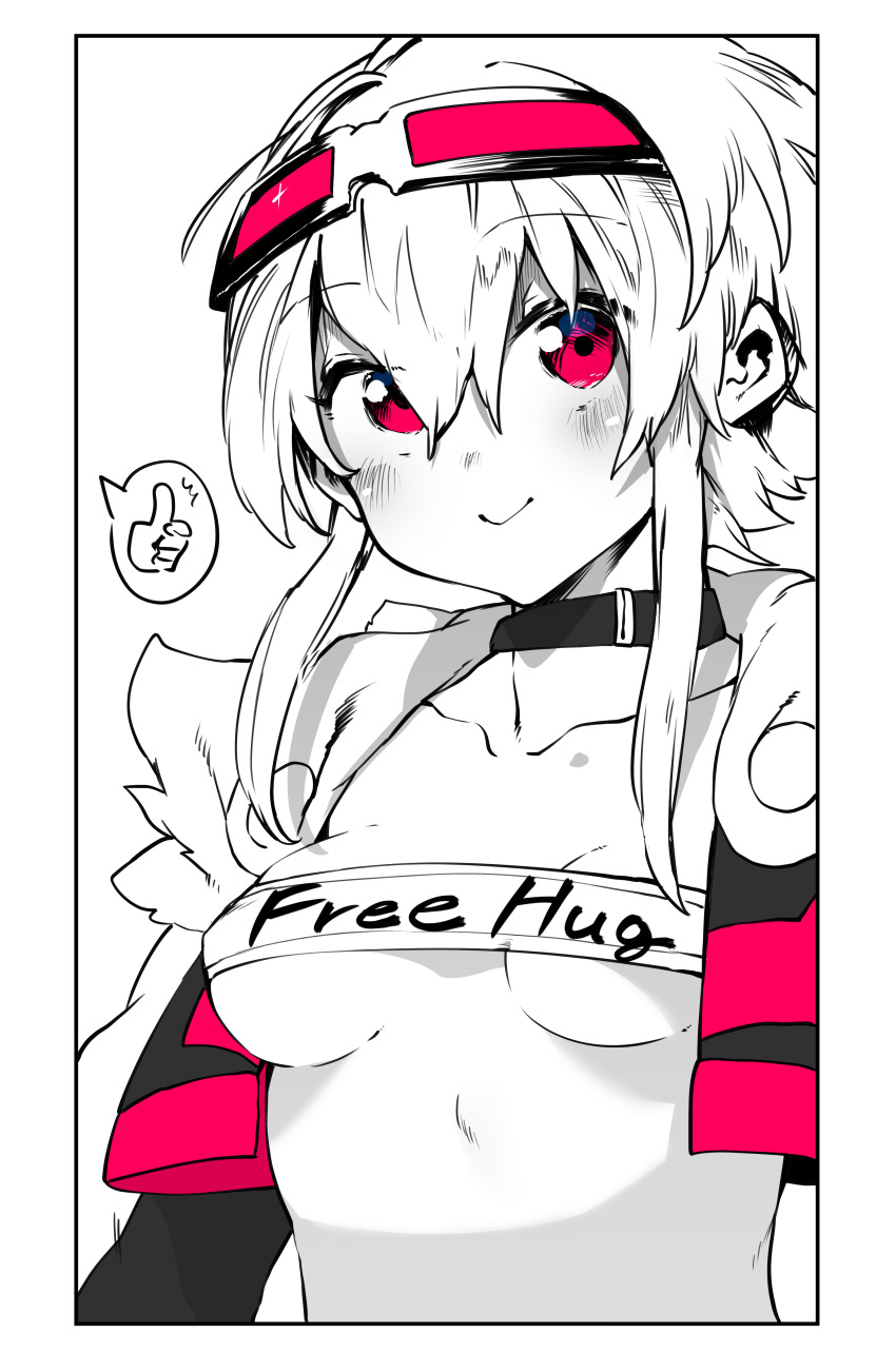 1girl, absurdres, bandeau, blush, body_writing, border, breasts, choker
