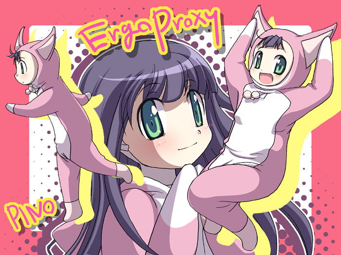 animal_ears, arms_up, black_hair, blush, bunny_costume, cat_costume, cat_ears, ergo_proxy