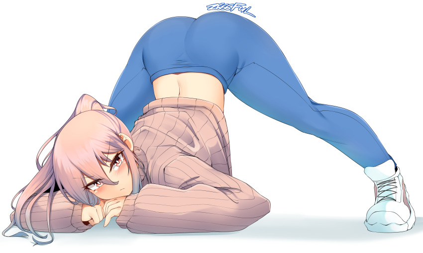 1girl, absurdres, arm_support, artist_name, ass, bangs, blue_hair, blue_pants