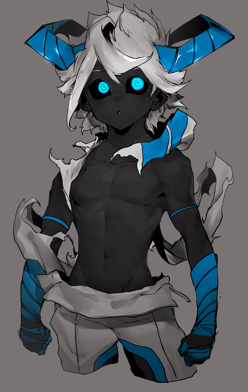 1boy, absurdres, bandaged_arm, bandages, black_sclera, black_skin, blue_eyes, blue_theme
