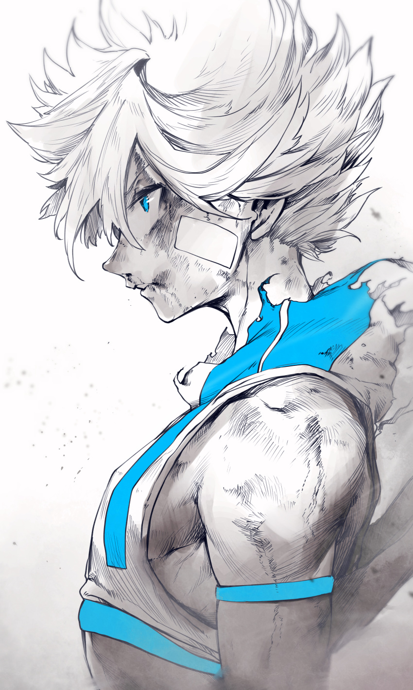 1boy, absurdres, bandaid, bandaid_on_cheek, blood, blue_eyes, euros_(niwarhythm), from_side