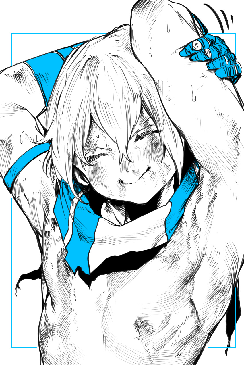 1boy, absurdres, armpits, arms_behind_head, bangs, blood, blood_on_face, blush