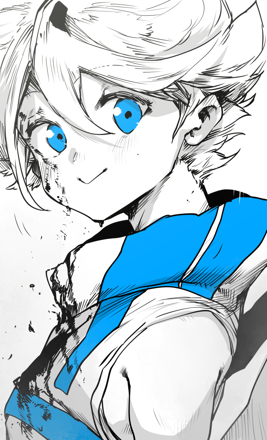 1boy, :>, absurdres, blood, blood_on_face, blue_theme, blush, closed_mouth
