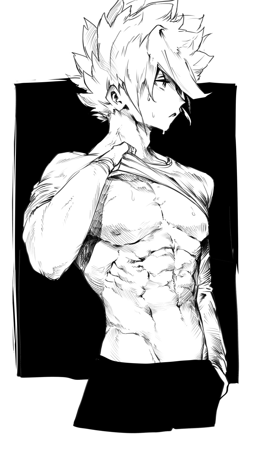 1boy, abs, absurdres, border, clothes_lift, cowboy_shot, euros_(niwarhythm), greyscale