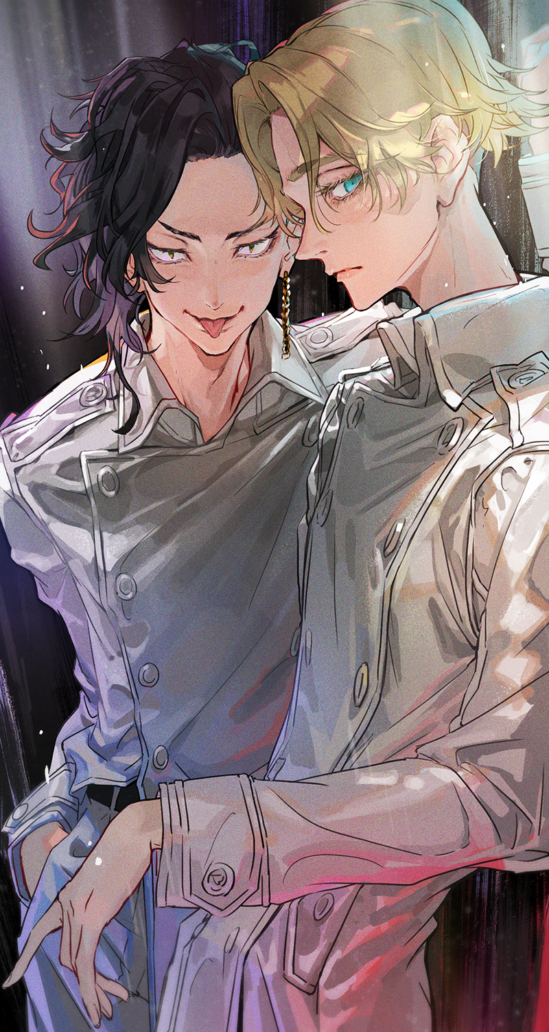 2boys, aqua_eyes, bangs, black_eyes, black_hair, blonde_hair, closed_mouth, coat