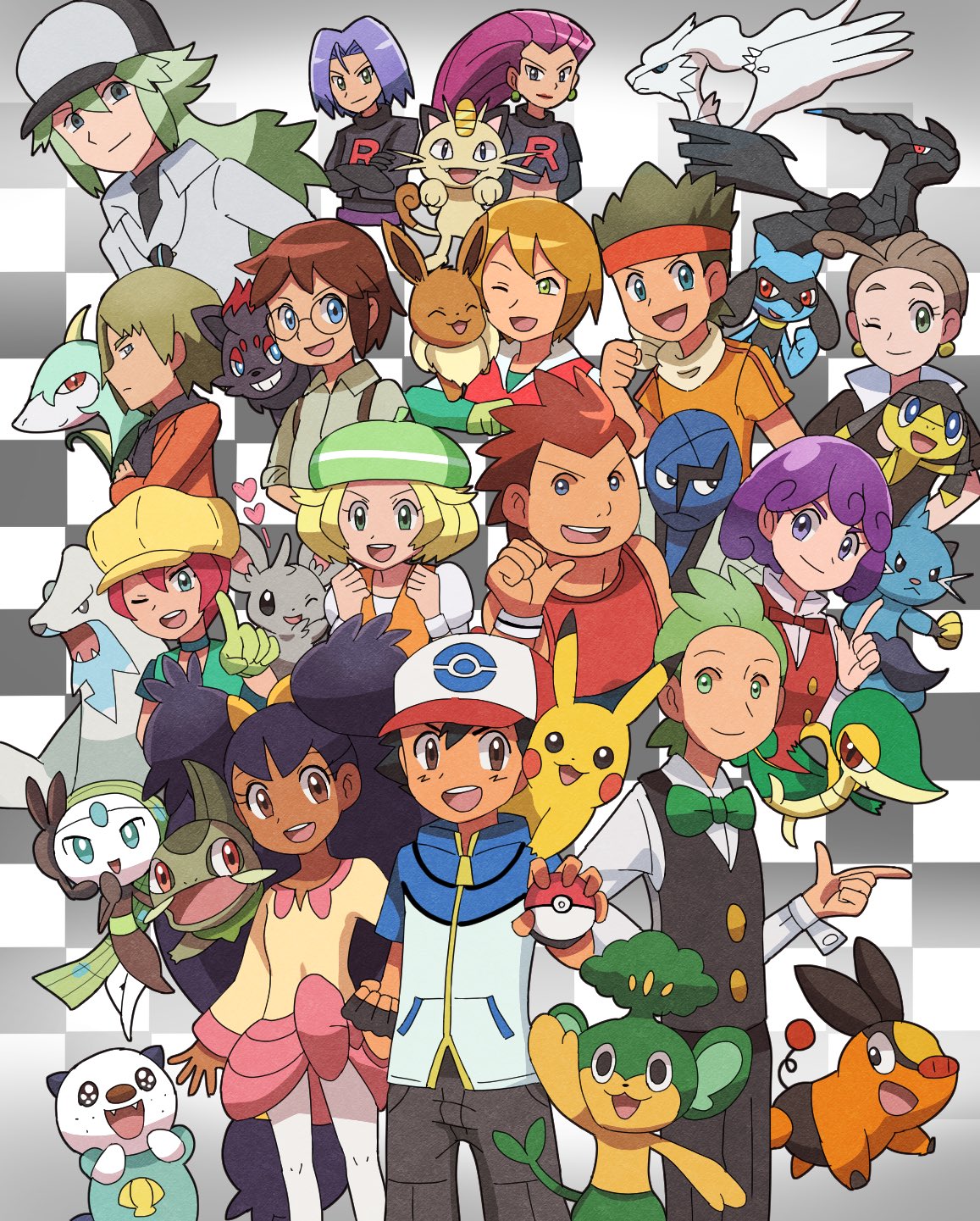 6+boys, 6+girls, ;d, alexa_(pokemon), ash_ketchum, axew, bangs, baseball_cap