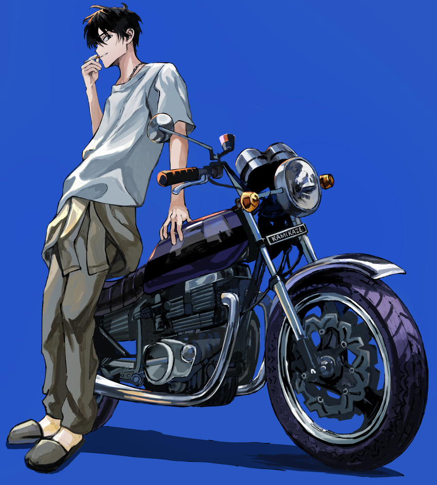 1boy, absurdres, black_eyes, black_hair, blue_background, cigarette, empty_eyes, full_body