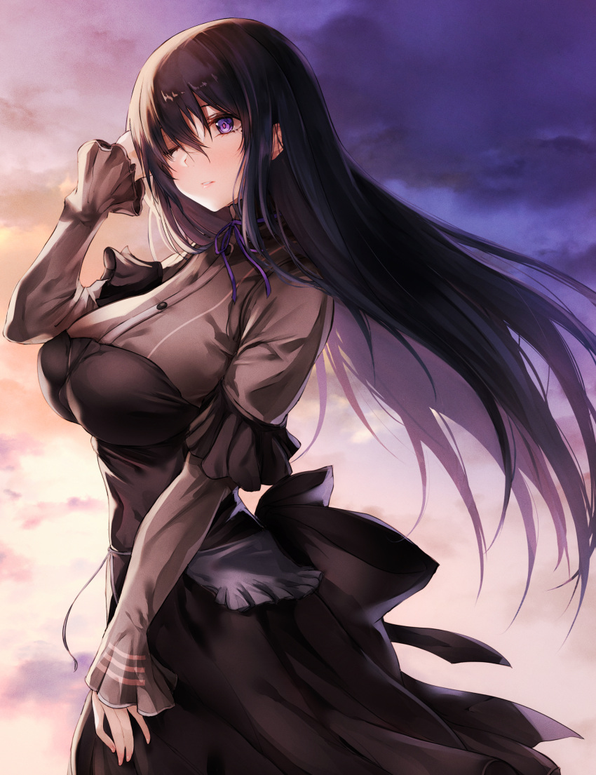 1girl, absurdres, alice_gear_aegis, black_bow, black_dress, black_hair, blush, bow