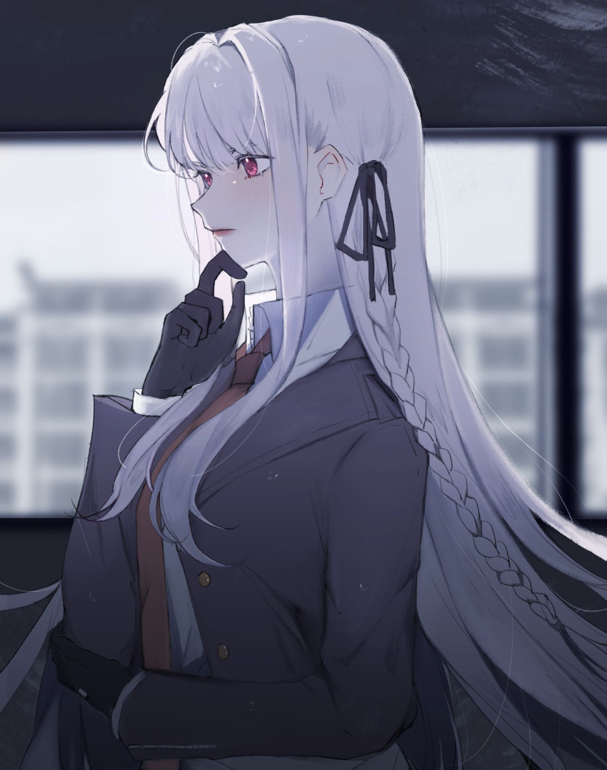 1girl, bangs, black_gloves, black_jacket, black_ribbon, blurry, blurry_background, braid