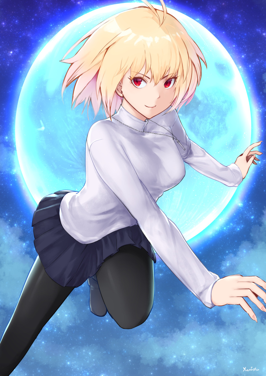 1girl, antenna_hair, arcueid_brunestud, bangs, black_legwear, blonde_hair, blue_skirt, breasts