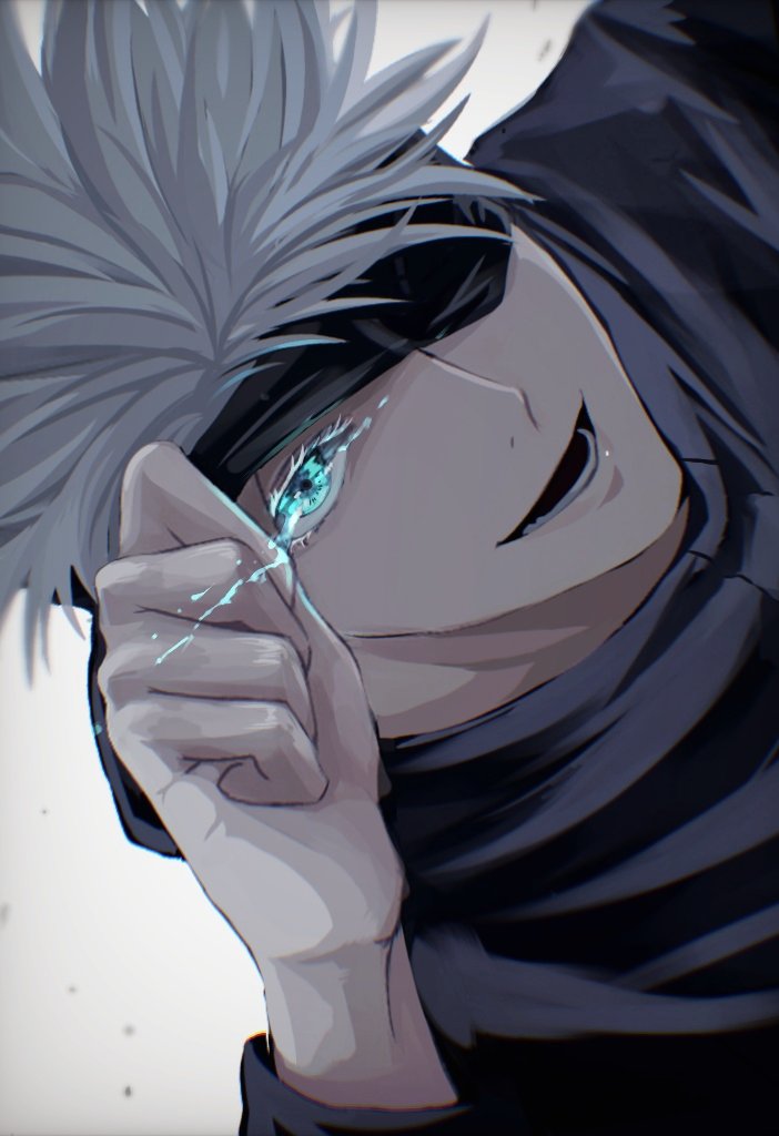 1boy, black_jacket, blindfold, blindfold_lift, blue_eyes, gojou_satoru, high_collar, jacket