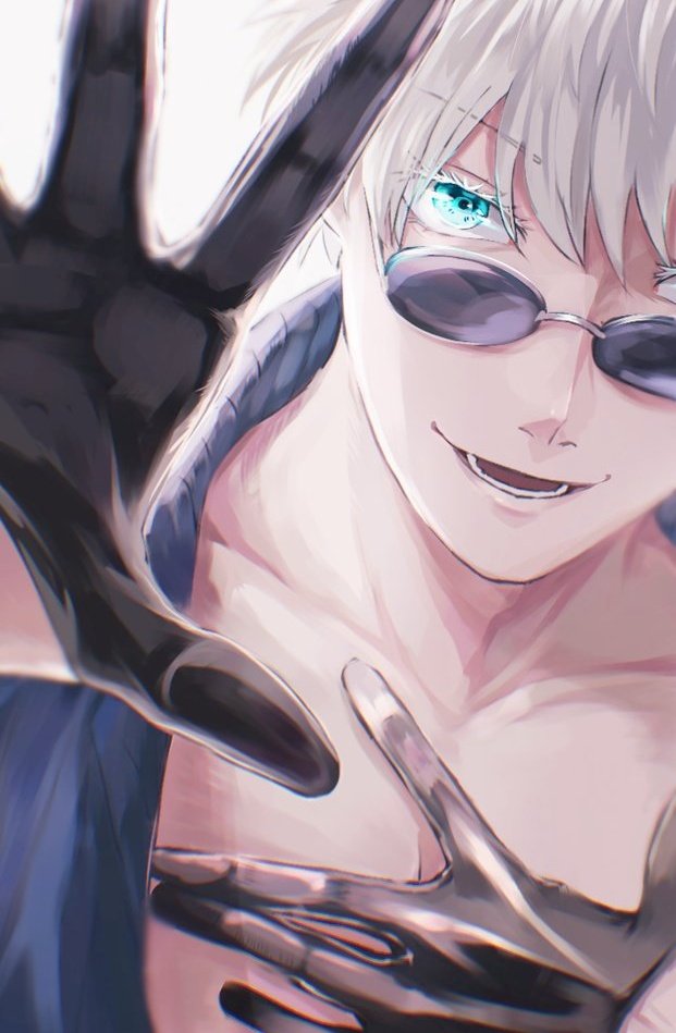 1boy, black_gloves, black_shirt, blue_eyes, gloves, gojou_satoru, half_gloves, hand_on_own_chest