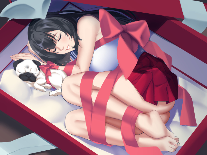 1girl, agano_(kancolle), animal, barefoot, black_hair, black_sailor_collar, blush, box
