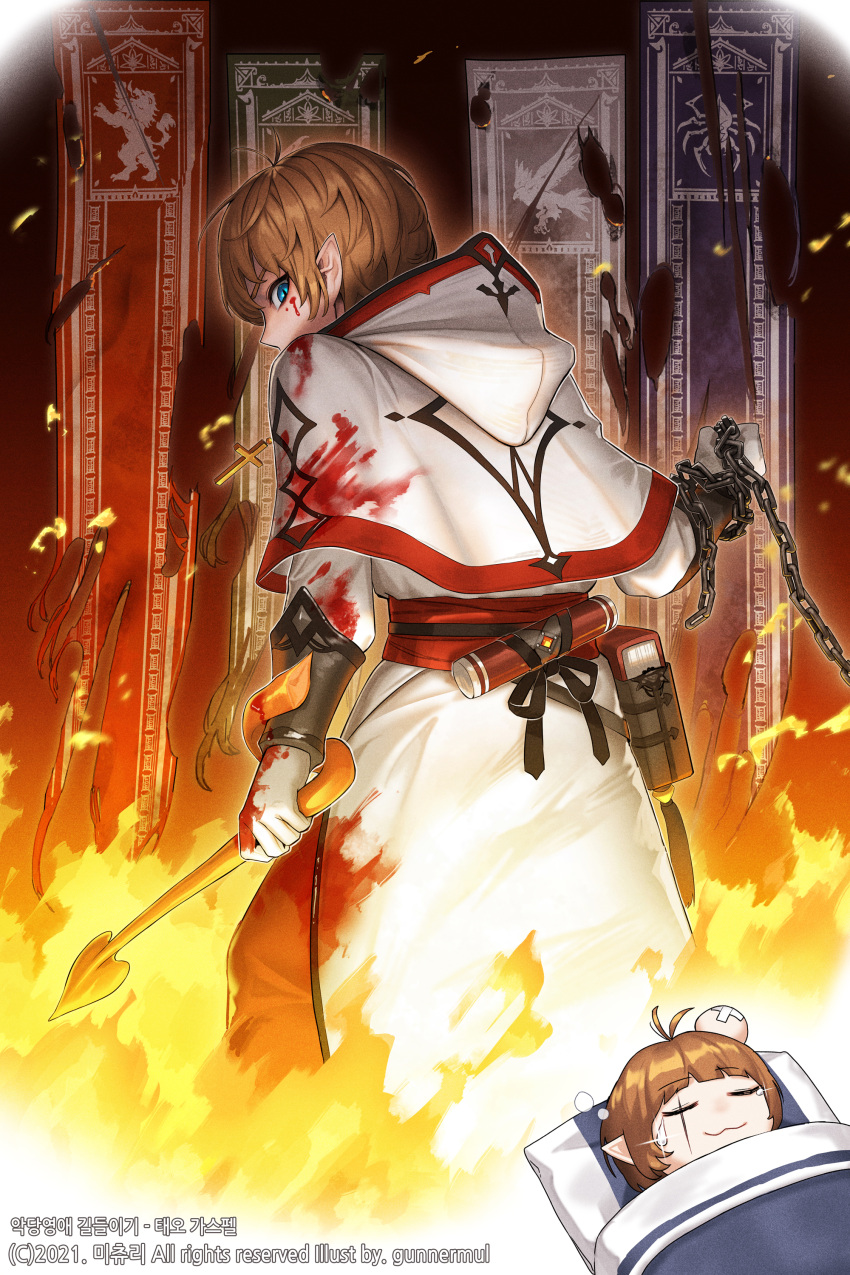 1boy, absurdres, antenna_hair, back, bandaid, bandaid_on_head, blanket, blood