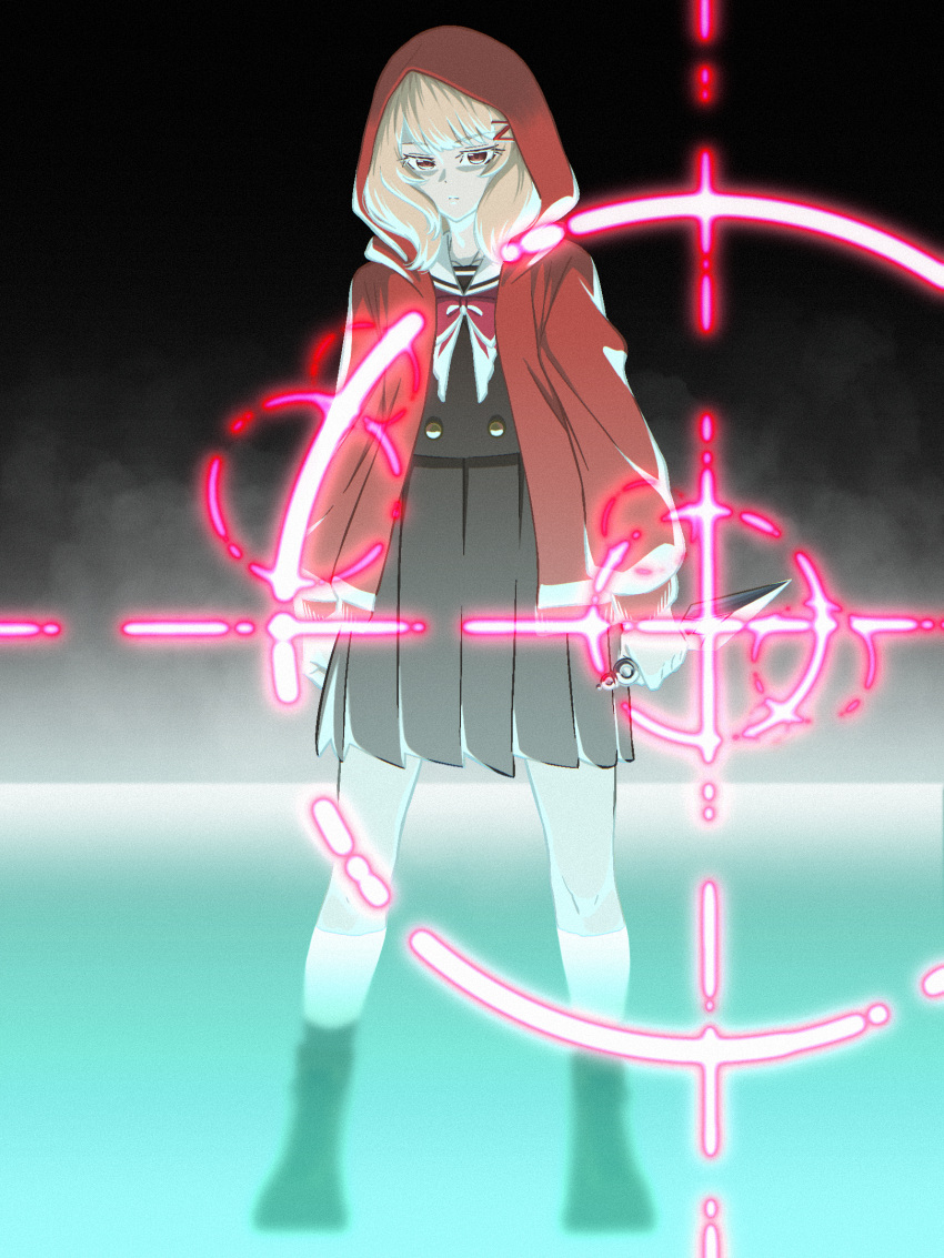 1girl, black_serafuku, black_skirt, blonde_hair, bow, closed_mouth, collarbone, dagger
