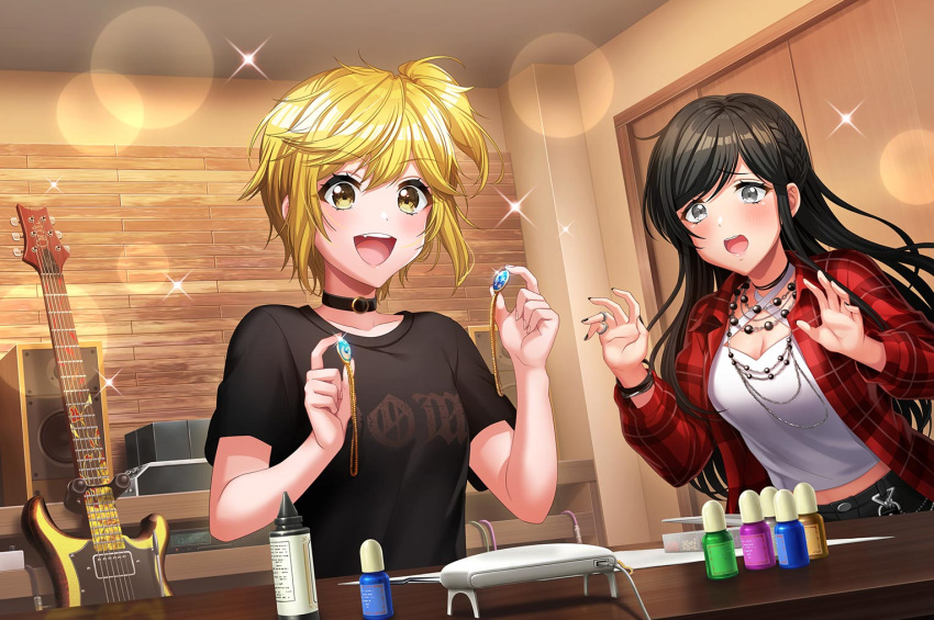 blonde_hair, d4dj, dress, red_eyes, short_hair, smile, tsukimiyama_nagisa