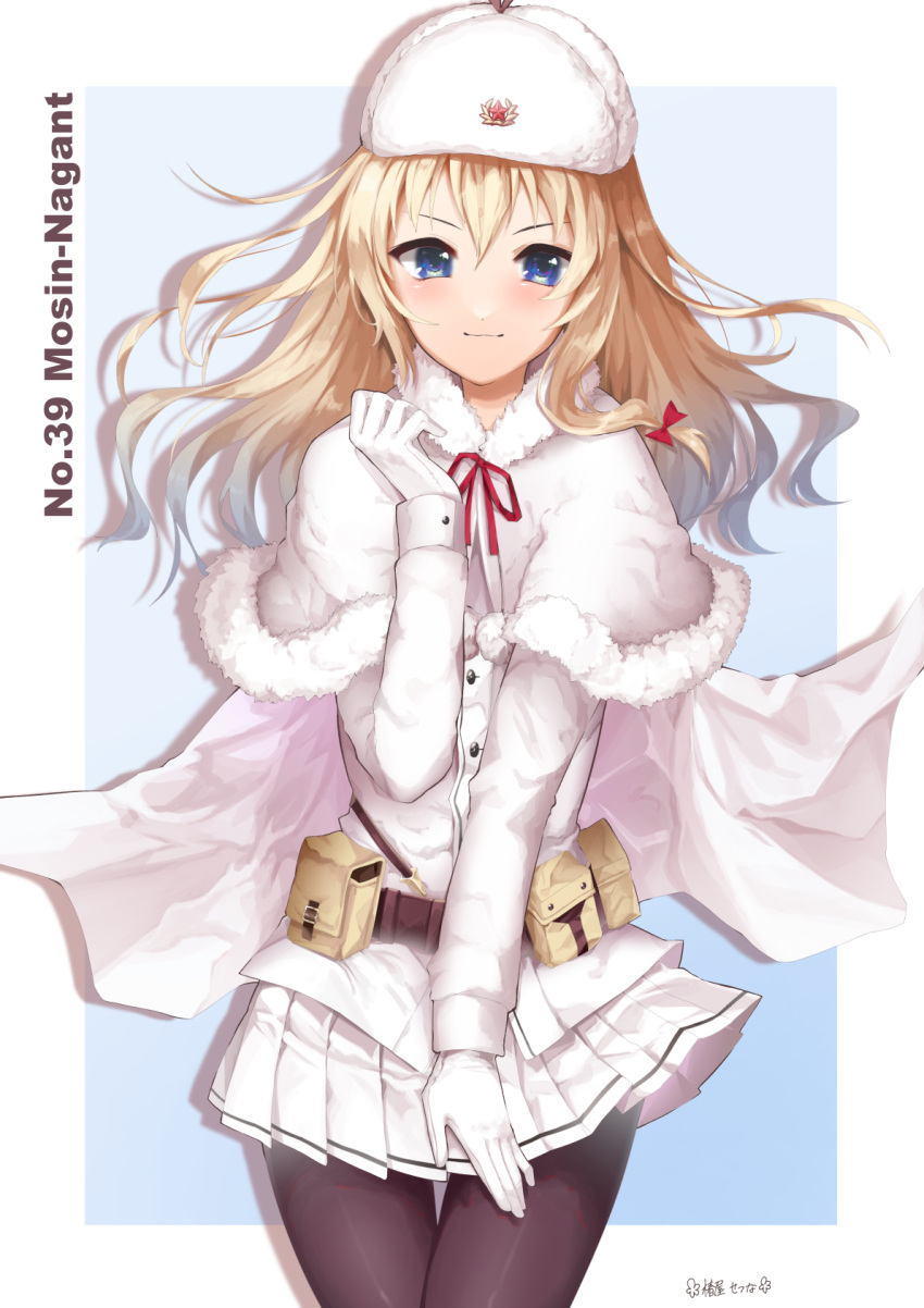 1girl, black_legwear, blonde_hair, blue_eyes, fur_hat, girls_frontline, gloves, hat