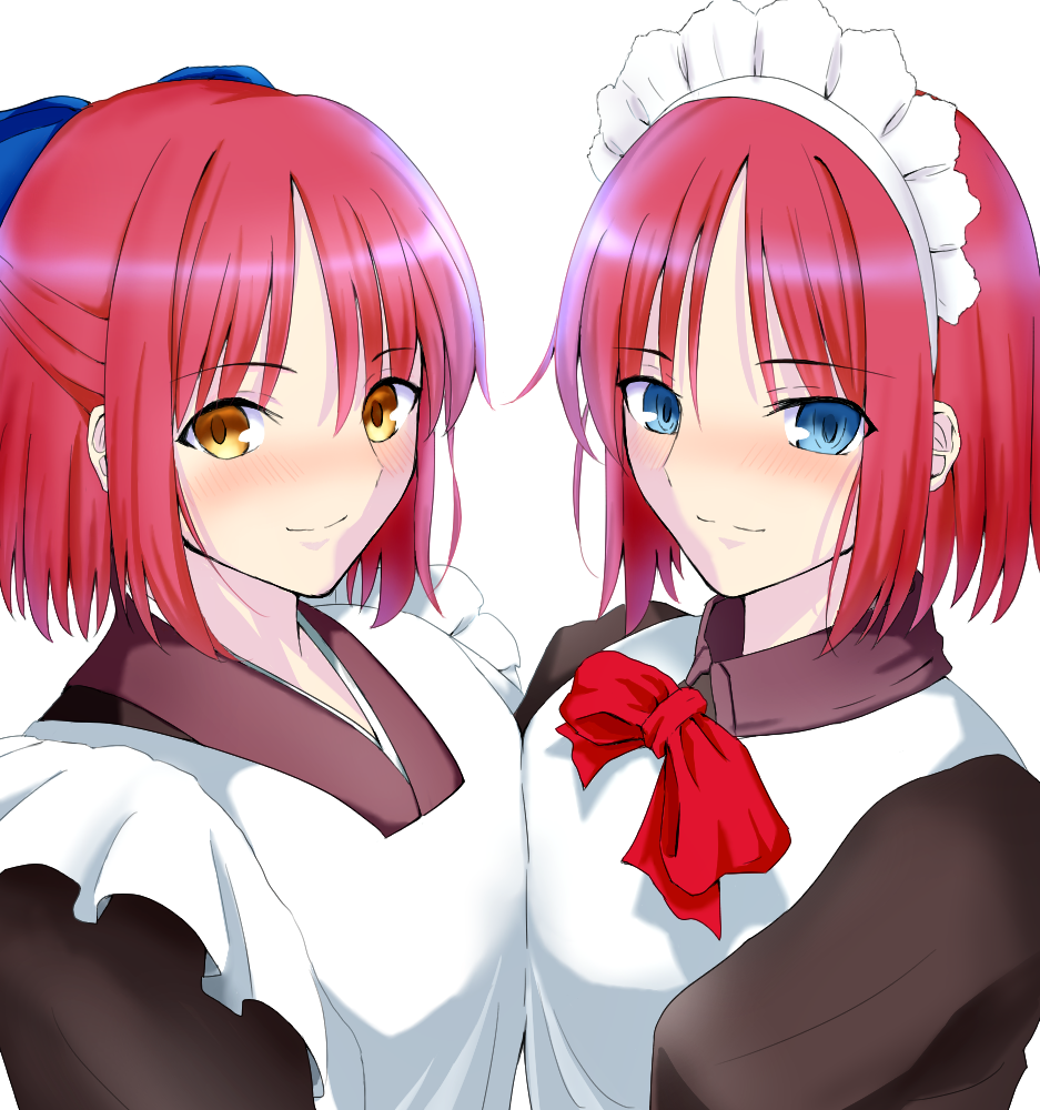 2girls, apron, bangs, blue_eyes, eyebrows_behind_hair, eyebrows_visible_through_hair, hair_ribbon, hisui_(tsukihime)