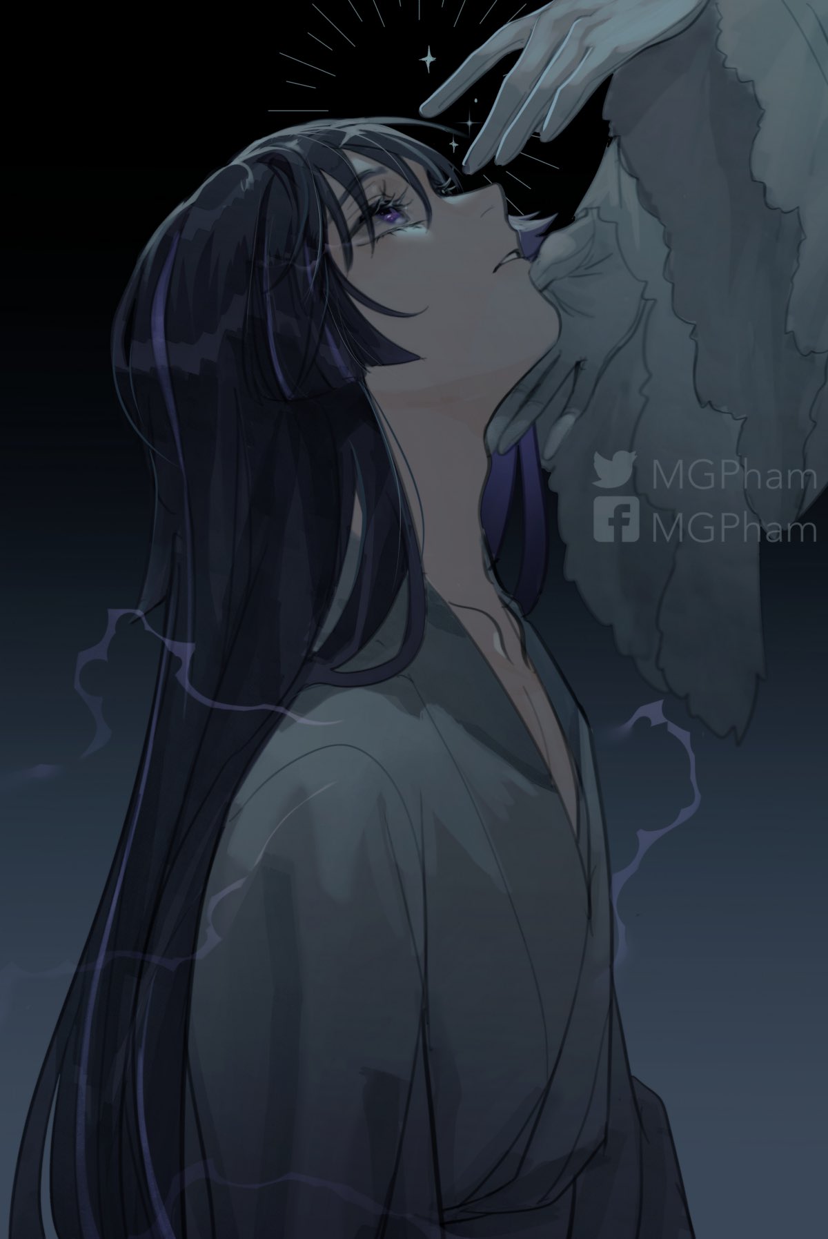 1boy, alternate_hair_length, alternate_hairstyle, artist_name, bangs, black_hair, collarbone, electricity, eyebrows_visible_through_hair, eyelashes, facebook_logo, fur-trimmed_sleeves, fur_trim, genshin_impact, gloves, hands, highres, japanese_clothes, kimono, long_hair, looking_at_another, looking_up, mgph, multicolored_hair, parted_lips, pectoral_cleavage, pectorals, purple_hair, scaramouche_(genshin_impact), star_(symbol), streaked_hair, tsaritsa_(genshin_impact), twitter_logo, very_long_hair, violet_eyes, white_gloves, white_kimono, wide_sleeves