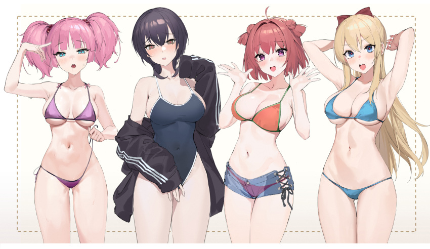 4girls, :d, :o, ahoge, akaza_akari, arm_up, armpits, arms_behind_head