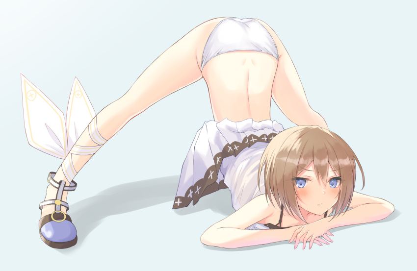 1girl, :/, all_fours, ankle_ribbon, ass, back, bare_legs, bare_shoulders, blanc, blue_eyes, blush, brown_hair, clothes_lift, commentary_request, cross_print, dress, dress_lift, embarrassed, full_body, hair_between_eyes, legs, legs_apart, looking_at_viewer, medium_hair, meme, neptune_(series), panties, ray_726, ribbon, solo, spaghetti_strap, thighs, top-down_bottom-up, underwear, white_dress, white_panties, white_ribbon