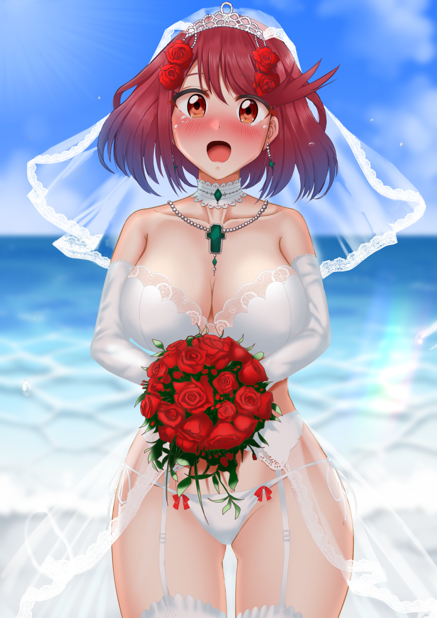 1girl, absurdres, bangs, bouquet, breasts, bridal_lingerie, bridal_veil, chest_jewel