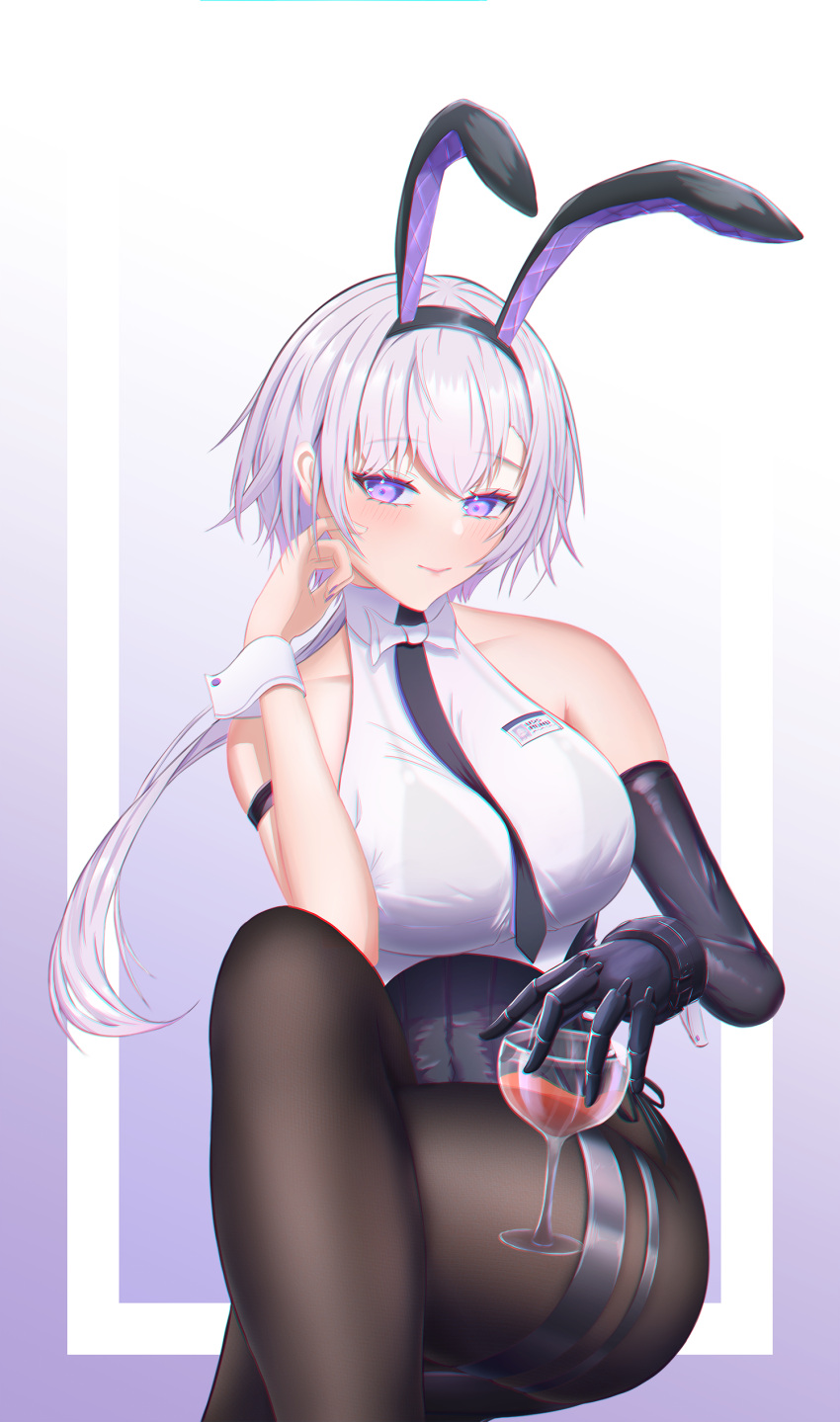 1girl, absurdres, animal_ears, azur_lane, backless_leotard, bare_shoulders, between_breasts, black_legwear, black_leotard, black_neckwear, breasts, crossed_legs, cup, eeyoosekedooaat, elbow_gloves, fake_animal_ears, gloves, highres, holding, holding_cup, large_breasts, leotard, leotard_under_clothes, light_blush, light_purple_hair, mechanical_hands, metal_gloves, necktie, necktie_between_breasts, official_alternate_costume, pantyhose, parted_hair, playboy_bunny, rabbit_ears, reno_(azur_lane), reno_(reno_bunnino)_(azur_lane), see-through_shirt, shirt, side-tie_leotard, simple_background, single_elbow_glove, single_mechanical_hand, sitting, sleeveless, sleeveless_shirt, solo, violet_eyes, white_shirt, wrist_cuffs