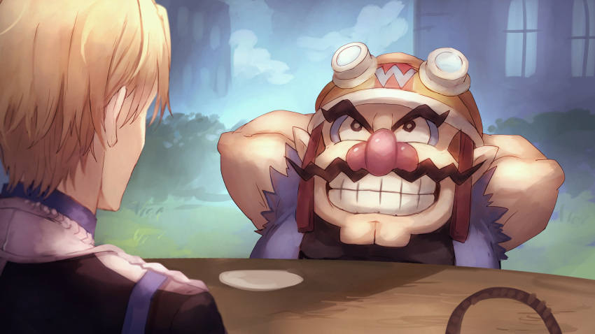2boys, absurdres, arms_behind_back, basket, black_shirt, blonde_hair, crossover, denim_vest