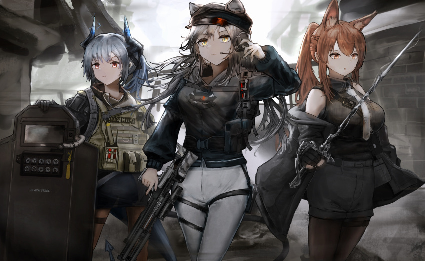 3girls, absurdres, animal_ears, arknights, black_gloves, black_jacket, black_legwear, black_shirt