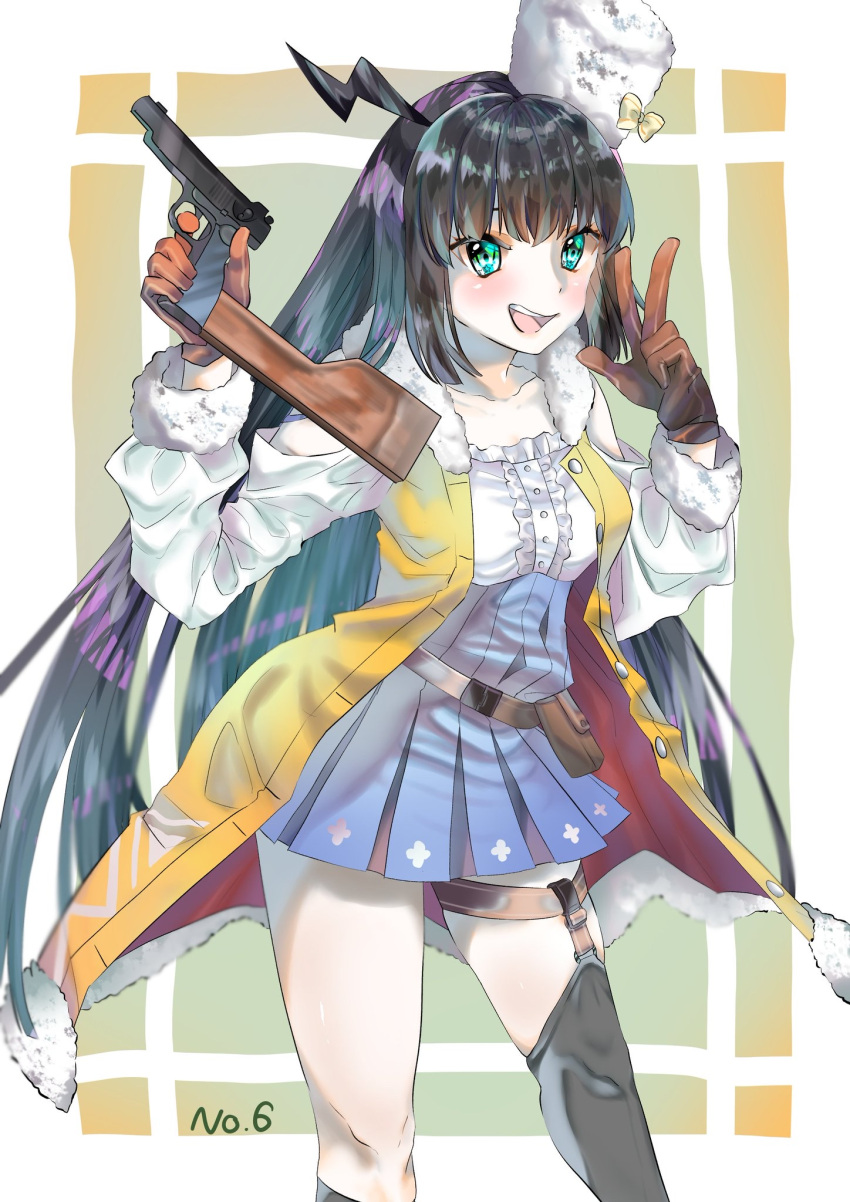 1girl, asymmetrical_legwear, black_hair, check_commentary, commentary_request, cowboy_shot, finger_on_trigger, girls_frontline
