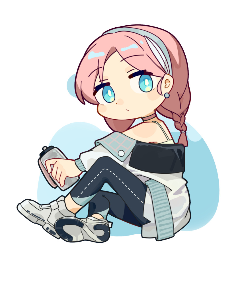 1girl, arknights, black_pants, blue_eyes, blue_hairband, blue_poison_(arknights), bottle, braid, chibi, ear_piercing, eyebrows_visible_through_hair, hairband, highres, holding, holding_bottle, jacket, long_hair, looking_at_viewer, off_shoulder, official_alternate_costume, pants, piercing, pink_hair, qian_zhuan_du_heng, raised_eyebrows, shoes, simple_background, sitting, solo, sports_bra, twin_braids, water_bottle, white_background, white_footwear, white_jacket, white_sports_bra, yoga_pants