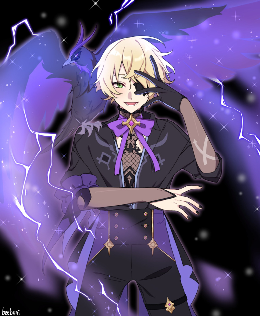 1boy, :d, artist_name, bangs, beebunii, bird, black_background, black_eyepatch