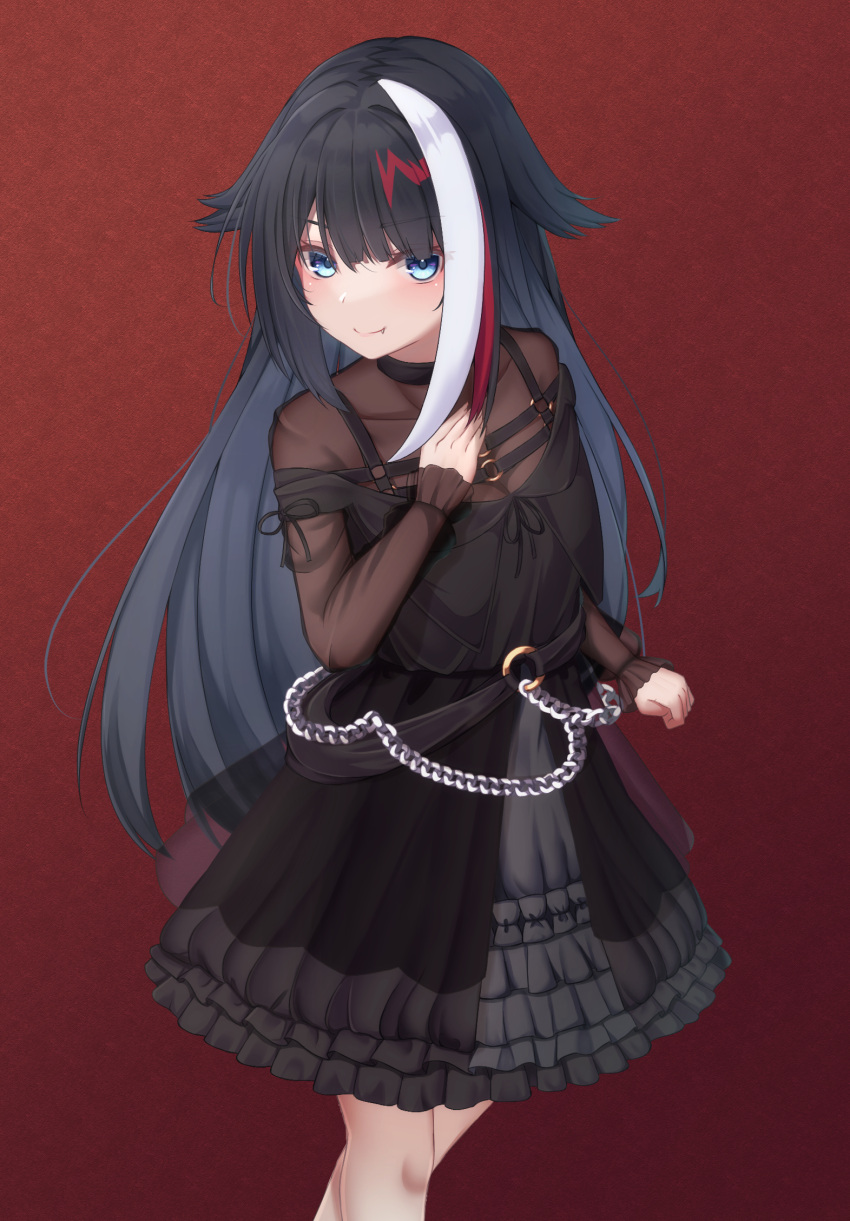 azur_lane, bangs, belt, black_belt, black_collar, black_dress, black_hair, black_ribbon, black_sash, blue_eyes, blunt_bangs, blush, chain, clenched_hand, collar, commentary_request, crossed_legs, deutschland_(azur_lane), dress, dress_straps, eyebrows, eyebrows_visible_through_hair, eyes_visible_through_hair, fang, fingers_together, frilled_dress, frills, from_side, hair_between_eyes, hand_on_own_chest, happy, head_tilt, highres, long_hair, long_sleeves, looking_at_viewer, mashiro03, multicolored_hair, o-ring, o-ring_belt, o-ring_suspenders, off-shoulder_dress, off_shoulder, red_background, redhead, ribbon, sash, see-through, see-through_dress, see-through_sleeves, sidelocks, simple_background, sleeve_ribbon, sleeves_past_elbows, smile, strap, streaked_hair, white_hair