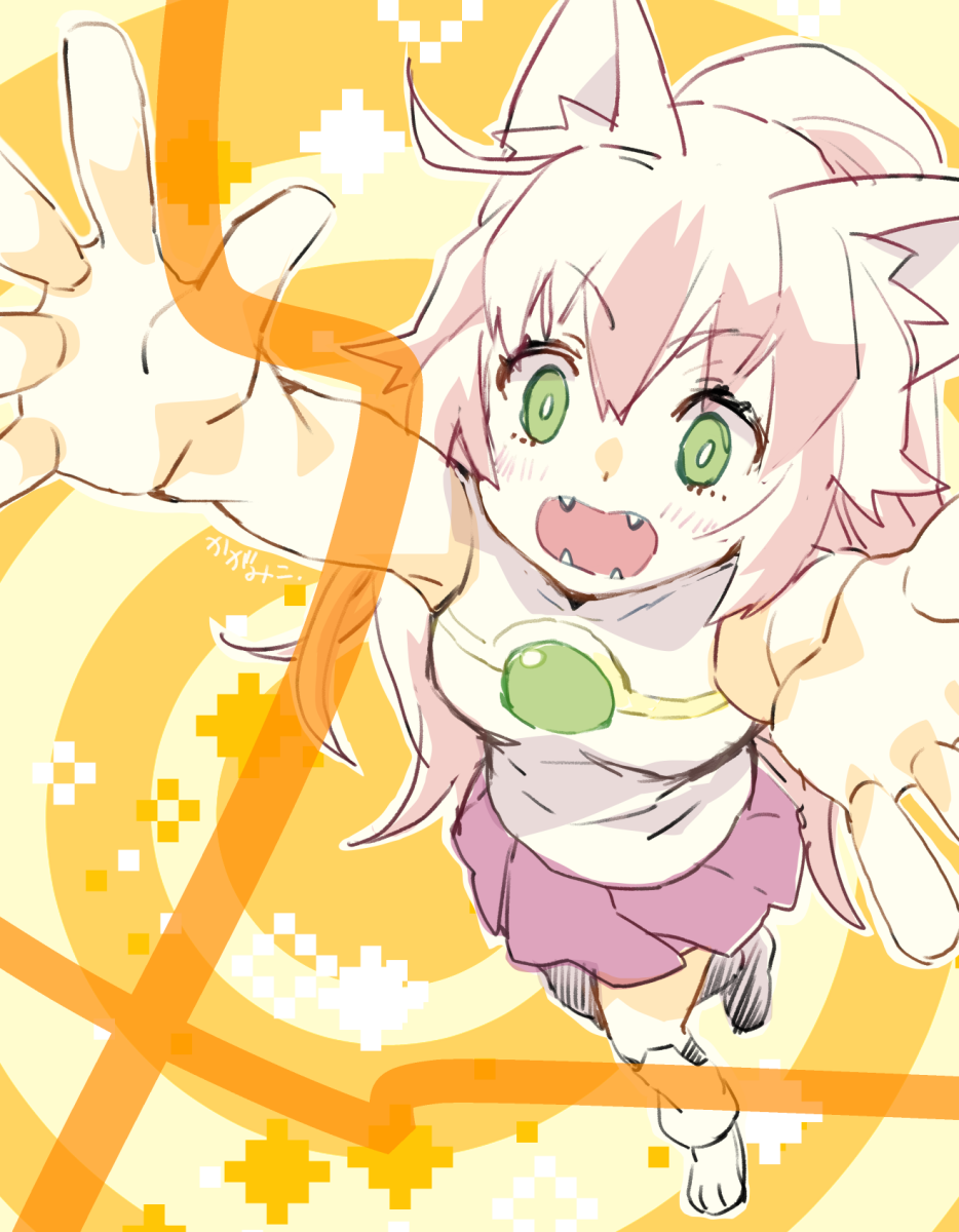 1girl, animal_ear_fluff, animal_ears, bangs, breasts, bright_pupils, cat_ears, cat_girl, eyebrows_visible_through_hair, fangs, green_eyes, gundam, gundam_build_divers, highres, kagamiko, momo_(gundam_build_divers), open_hands, open_mouth, pink_hair, ponytail, purple_skirt, skirt, sleeveless, small_breasts, solo, v-shaped_eyebrows, white_pupils