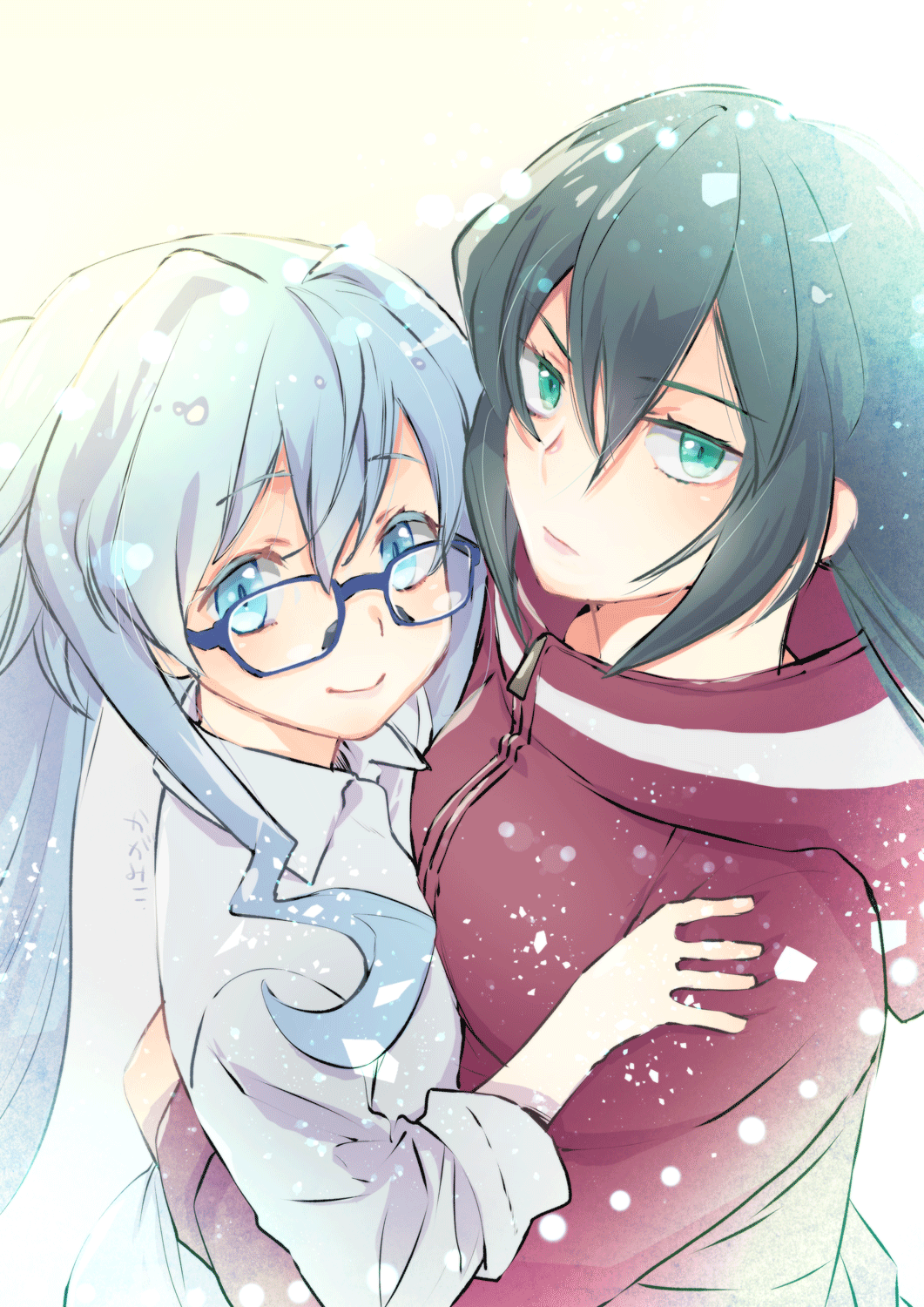 2girls, bangs, blue_eyes, blue_hair, blue_shirt, breasts, collared_shirt, flat_chest, glasses, green_eyes, green_hair, gundam, gundam_build_divers, gundam_build_divers_re:rise, hair_behind_ear, highres, hood, hooded_jacket, hug, jacket, kagamiko, looking_at_viewer, may_(gundam_build_divers_re:rise), medium_breasts, multiple_girls, ponytail, red_jacket, sara_(gundam_build_divers), shirt, smile