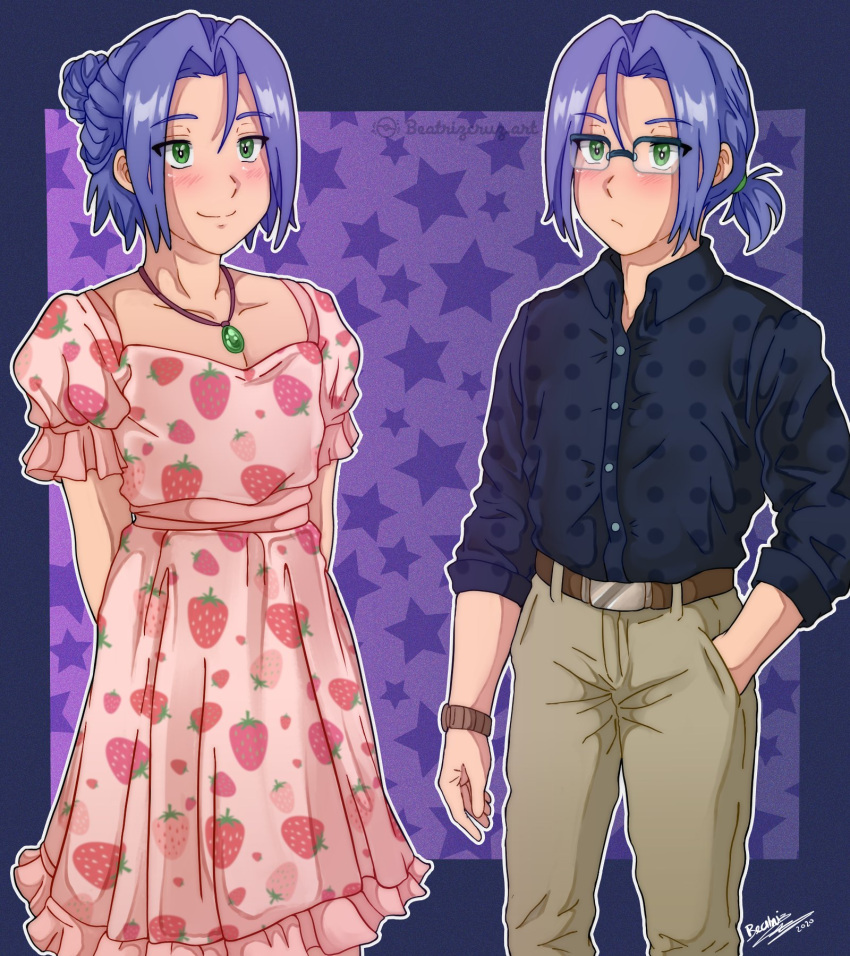 1boy, alternate_costume, blush, commentary, costume, crossdressing, cruz02art, dress