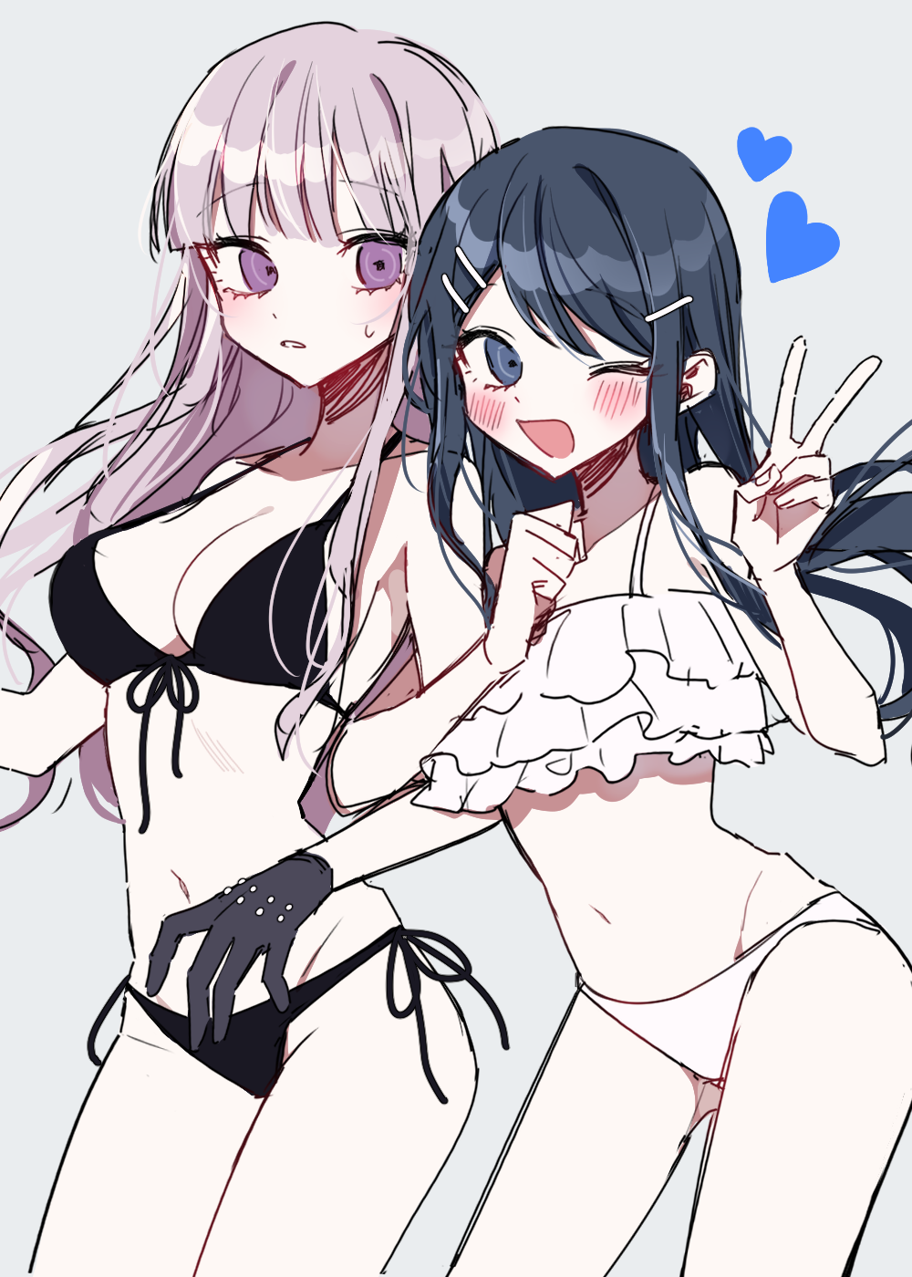 2girls, 3j_dangan, :d, bangs, bikini, black_bikini, black_gloves, blue_eyes