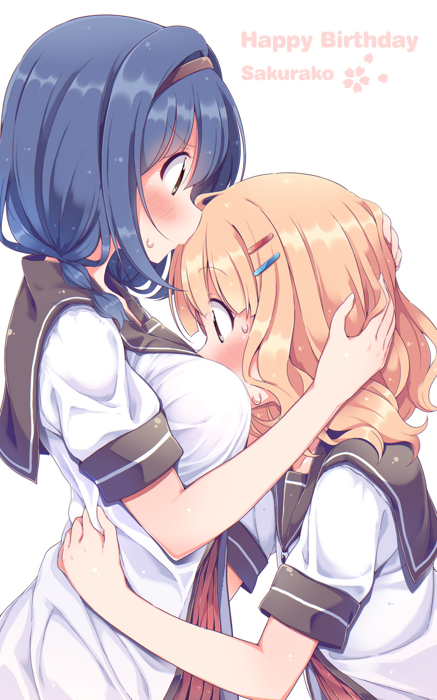 2girls, blonde_hair, blue_hair, blush, breasts, brown_eyes, brown_hairband, brown_sailor_collar