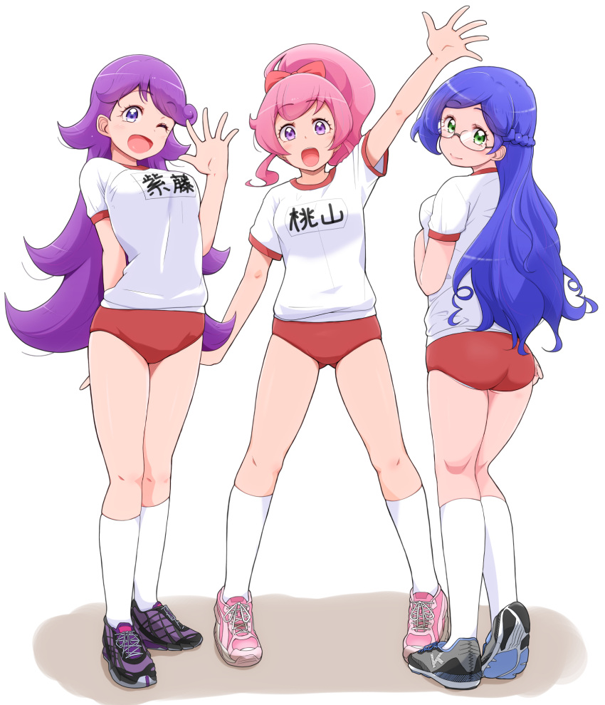 3girls, :d, aoba_rinka, ass, black_footwear, blue_hair, bow, braid