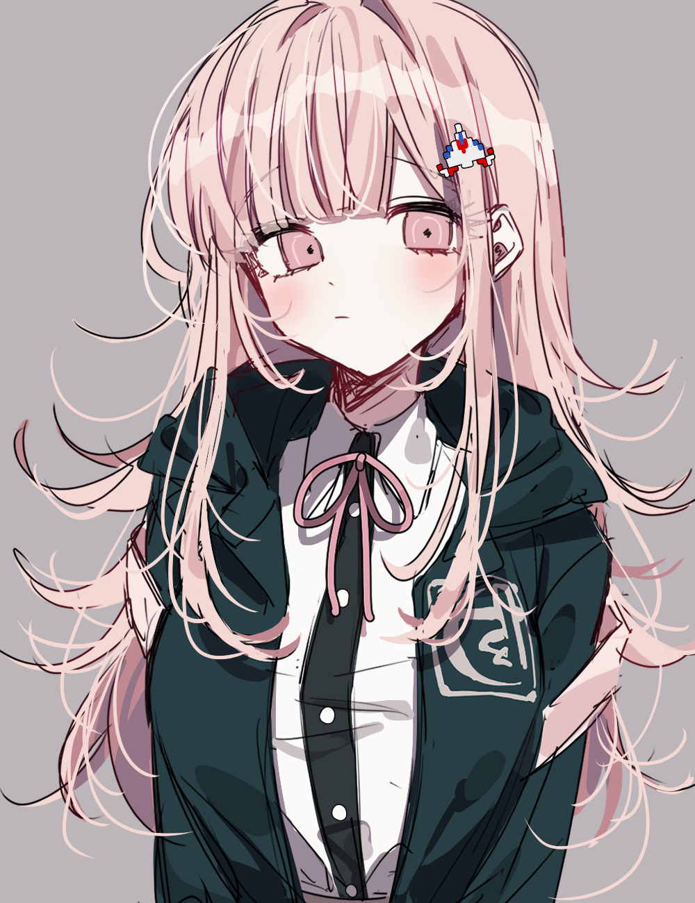 1girl, 3j_dangan, alternate_hair_length, alternate_hairstyle, bangs, black_jacket, black_shirt, blunt_bangs