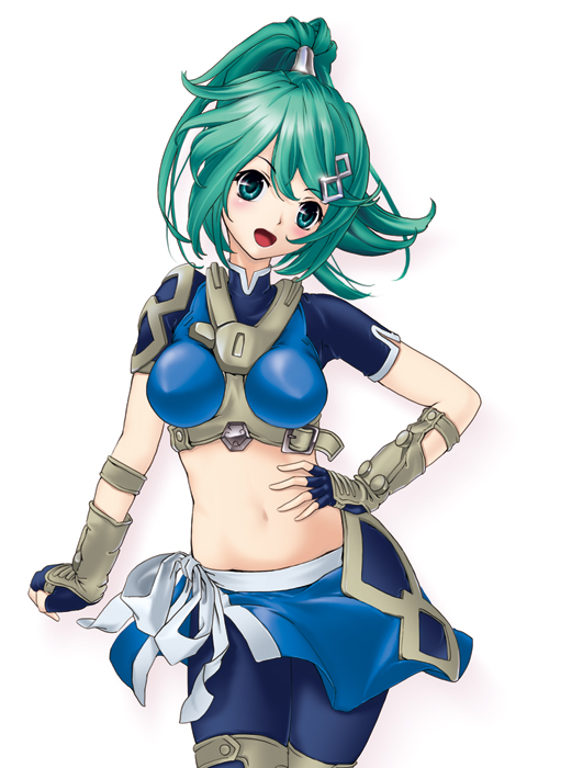 breasts, fingerless_gloves, gloves, green_eyes, green_hair, hair_ornament, hairclip, hand_on_hip, midori_(zoids_generations), midriff, navel, ponytail, solo, you-shin, zoids, zoids_generations