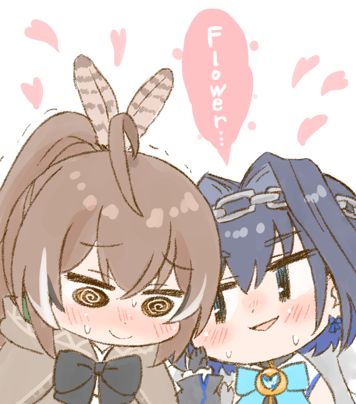 @_@, blue_eyes, blue_hair, bow, bow_earrings, brown_cloak, brown_eyes, brown_hair